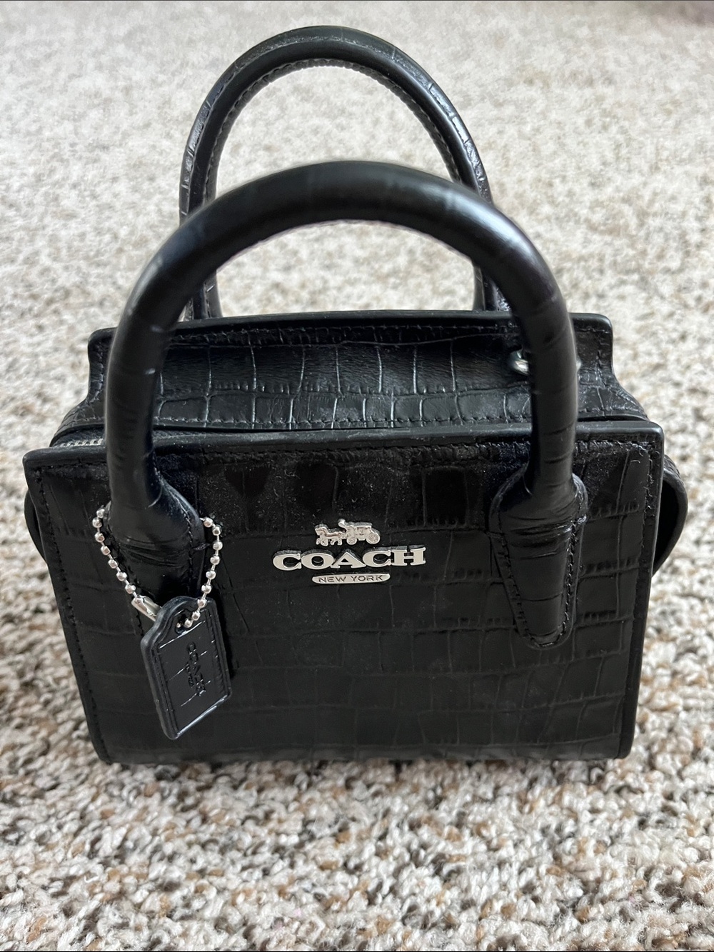 Coach Andrea Mini Carryall Black Croc-Embossed mini bag with Silver Hardware